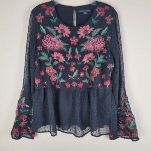 American Eagle Outfitters Embroidered Peplum Top Long Bell Sleeve Floral Size S